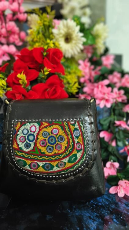 Black Leather Kutch Mirror-Work Sling