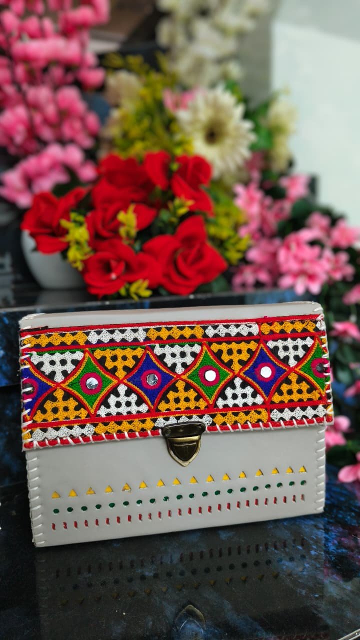 Ivory Kutchi Embroidered Mirror Clutch