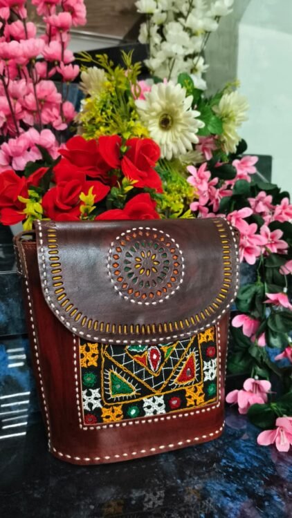 Rustic Mandala-Stitch Leather Crossbody